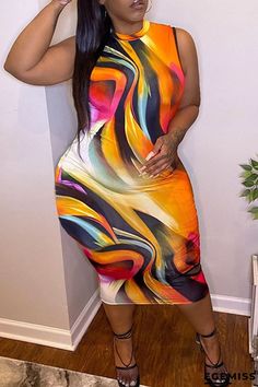 Tangerine Red Casual Print Patchwork O Neck Pencil Skirt Plus Size Dresses - EGEMISS Pencil Skirt Plus Size, Long Sleeve Turtleneck Dress, Purple And Gold Dress, Skirt Plus Size, Dress Romper, Wholesale Fashion, Women's Style, Plus Size Dresses