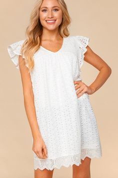 Calling all brides! This off-white, eyelet embroidered cotton dress is a must have! We love the short sleeves with ruffle details, keyhole button back, and crochet lace hem - This midi dress has it all! Add your favorite heels to complete this dressy look! Dress is fully lined Model is 5'7 and wearing a small 100% Cotton White Cotton Dress With Scalloped Lace, White Cap Sleeve Summer Dress, White Casual Cap Sleeve Dress, White Cap Sleeve Casual Dress, Spring Dresses With Broderie Anglaise And Flutter Sleeves, White Broderie Anglaise Dress With Flutter Sleeves, White Casual Eyelet Dress, Cotton Dresses With Scalloped Edges And Short Sleeves, White Lace Dress With Short Sleeves