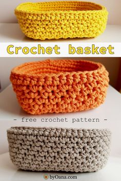 three crochet baskets are shown in different colors