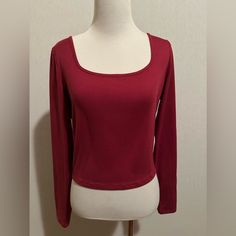 It’s A Great Basic Long-Sleeve Red Shirt That You’ll Reach For Again And Again. Dark Red Long Sleeve Shirt, Red Stretch Crew Neck Blouse, Trendy Stretch Burgundy Tops, Casual Fitted Red Long Sleeve Top, Fitted Red Cotton Tops, Trendy Burgundy Stretch Top, Red Stretch Long Sleeve Shirt, Casual Long Sleeve Burgundy Blouse, Fitted Red Long Sleeve Tops