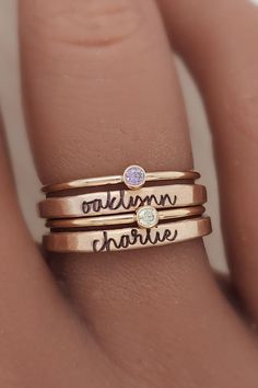 This kids name ring stack for moms is the perfect jewelry gift for new mom or christmas gifts for mom jewelry! These two kids name rings are stunning and some of our best selling personalized name rings for moms. Explore our collection of custom rings for moms & jewelry gifts for moms or grandkids name jewelry rings here! Personalized Rose Gold Birthstone Ring As Gift, Rose Gold Birthstone Stackable Rings For Gift, Personalized Gold Sterling Silver Birthstone Ring, Personalized 14k Gold Birthstone Ring For Gift, Personalized 14k Gold Birthstone Ring For Anniversary, Personalized Birthstone Ring In 14k Gold For Gifts, Personalized Birthstone Ring In 14k Gold As Gift, Stackable Rose Gold Birthstone Ring Gift, Rose Gold Stackable Birthstone Ring For Gift