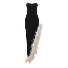 a black dress with white feathers on the side