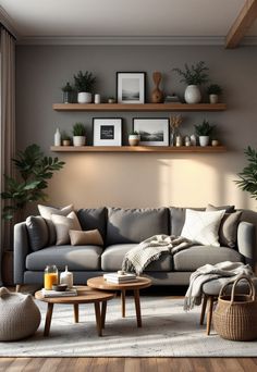 Grey Couch Living Room Coffee Table With Grey Sectional Couch, Masculine Living Room Gray Couch, Masculine Living Room Grey Couch, Grey Living Room Palette, Grey Wood Interior Design, Millennial Grey Living Room, Grey Couch Decor Living Room, Apartment Grey Couch, Boho Grey Living Room