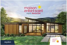 an advertisement for a new home built in the style of a modern house with wood siding and glass windows