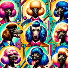 the dogs are wearing different colored wigs and haircuts on their heads, as well as scissors