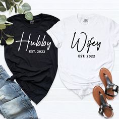 "Custom Est Wifey Hubby Shirts, Bride Groom Shirts, Wedding Tee,Just Married Shirt, Anniversary Marriage Shirts,Personalized Est Couple Shirt. HI! Welcome to my store, I'm delighted to see you here. My store's main goal is to provide you with premium everyday apparel with the best graphic t-shirts. I see you as a friend, not just a customer. I'm sure you'll love my designs. You can order the same design 4XL and 5XL large sizes from the link, please specify the details in the order note.   https: Bride Groom Shirts, Wedding Funny, Honeymoon Cruise, Dream Honeymoon