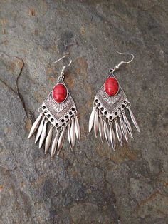 Fringe Earrings, Southwestern / Bohemian style Earrings. Red Southwestern Dangle Earrings, Southwestern Red Dangle Earrings, Southwestern Style Red Dangle Earrings, Red Southwestern Style Earrings For Festivals, Southwestern Style Red Earrings For Festival, Southwestern Red Earrings For Festival, Southwestern Style Metal Drop Earrings, Bohemian Red Teardrop Jewelry, Southwestern Red Drop Earrings