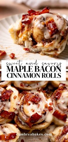 sweet and savory maple bacon cinnamon rolls on a plate with text overlay