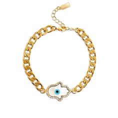 This blue-eyed HAMSA HAND BRACELET is crafted with protection to ward off evil eyes. This delicate and dainty bracelet looks elegant, and eye-catching, and fits so well on your wrist. It is adjustable, waterproof, rustproof, and doesn't fade. Adds just the right touch to your casual and chic look. Wear it alone or can be layered.    You can also shop this little gift for your loved ones to ward off negative emotions or bad luck   The Hamsa Hand Bracelet is an amulet, or talisman, of protection a Hamsa Bracelet Gold, Gold Evil Eye Jewelry, Protection Against Evil, Tarnished Jewelry, Jewelry Accessories Ideas, Hand Bracelet, Accessories Ideas, Dainty Bracelets, Jewelry Choker