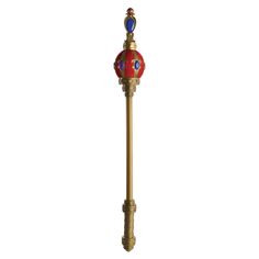 a golden pole with a red and blue decoration on it's top, against a white background