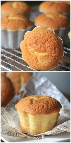 two pictures of muffins sitting on top of a cooling rack and one has been cut in half