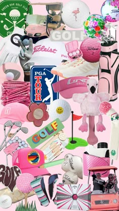 a collage of pink and green items