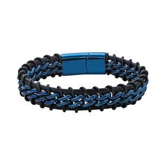 Let your unique sense of style shine with this LYNX bracelet, which features braided leather interspersed with blue ion-plated stainless steel links and a blue ion-plated clasp to add an edgy touch of color to your wardrobe. Let your unique sense of style shine with this LYNX bracelet, which features braided leather interspersed with blue ion-plated stainless steel links and a blue ion-plated clasp to add an edgy touch of color to your wardrobe. Additional details: braided leather Metal: stainle Blue Bracelets With Stainless Steel Clasp As A Gift, Blue Jewelry With Stainless Steel Clasp For Gift, Adjustable Blue Chain Bracelet, Modern Blue Jewelry With Stainless Steel Clasp, Blue Stainless Steel Chain Jewelry, Blue Chain Link Metal Jewelry, Braided Leather Bracelet, Watch Chain, Micro Macrame