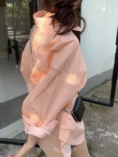 Orange Stripes Oversized Shirt | Karina - Aespa Orange M Kpop Shirts, Fashion Chingu, Sequin Shirt, Plaid Vest, Drawstring Top, Karina Aespa, Polo Top, White Fur, Striped Polo Shirt