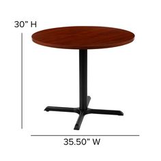 the height of a round table with two black legs and a wooden top, on a white background