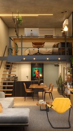 a living room filled with furniture next to a stair case in a loft style home