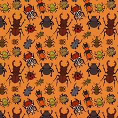 an orange background with lots of different bugs on the same pattern as well as black and white stripes