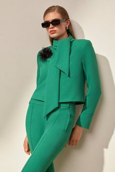 The Founder Neck Tie Rosette Cropped Tailored Jacket | Karen Millen Pink And Green Business Attire, Green Suit Outfit, Hen Do Outfits, Bride Jumpsuit, Petite Wedding Guest Dresses, Plus Size Workwear, Petite Business Casual, Winter Work, Outfits Petite