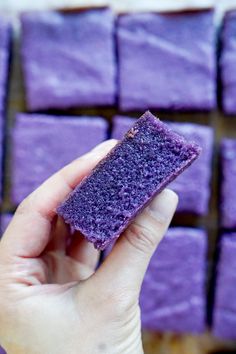 a hand is holding a purple sponge in front of some squares of blueberry cake