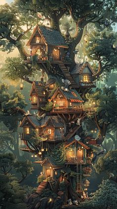 a tree house in the middle of a forest with lots of trees and lights on it