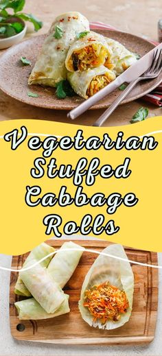 vegetarian stuffed cabbage rolls on a wooden cutting board