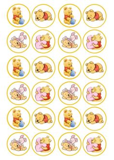 winnie the pooh cupcake toppers are shown in yellow and pink, as well as