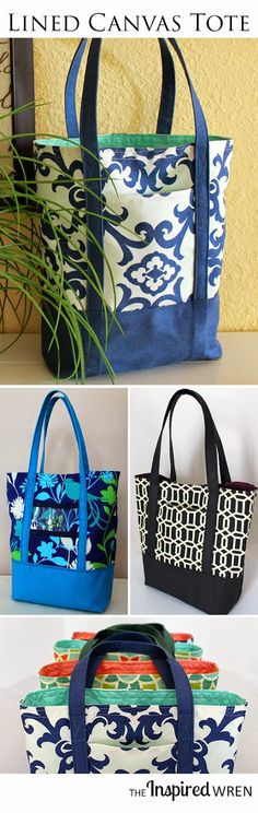 three bags with different designs on them and the words lined canvas tote written below