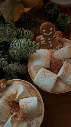 two white plates topped with marshmallows and gingerbread cut into small squares