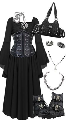 #goth #gothic #tradgoth #metalhead #alternative #rock #altfashion Gothcore Clothes, Gothic Witch Outfits, Goth Outfits For Women, Dark Witch Outfit, Ghost Concert Outfit, Goth Witch Outfits, Metal Girl Outfit, Heavy Metal Outfit