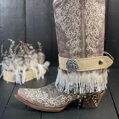 Custom Made Wedding Commission. Boho Boot Band. Interchangeable And Fits Any Boot. Visit Our Website For More Info. Www.Fauxyfurr.Com Boot Decor, Jean Boots, Cowgirl Things, Riding Skirt, Cowgirl Bling, Boot Bling, Wedding Boots, Western Boutique, Boho Boots