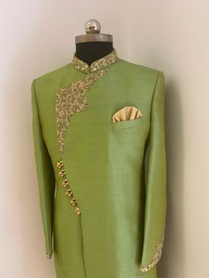 Raw silk sherwani with golden zardozi handwork. Colour options available. Includes-sherwani with pajama (bottoms) Festival Long Sleeve Sherwani With Gota Work, Pista Green Kurta With Naqshi Traditional Drape, Pista Green Kurta With Naqshi In Traditional Style, Green Raw Silk Straight Kurta Bandhgala, Pista Green Nehru Jacket For Designer Wear, Designer Green Raw Silk Bandhgala, Green Raw Silk Designer Bandhgala, Elegant Pista Green Bandhgala For Eid, Festive Nehru Jacket With Gota Work And Traditional Drape