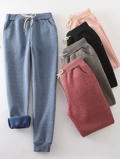 Casual Elastic Solid Casual Warm Pants Korean Dress Ideas, Dress Ideas For Winter, Flat Lay Photography Fashion, Korean Outfit Ideas, Oversize Pants, Winter Korean Fashion, Black Trousers Casual, Thick Pants, Warm Pants