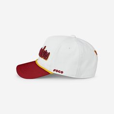 a white and red baseball cap with the word foco on it's side