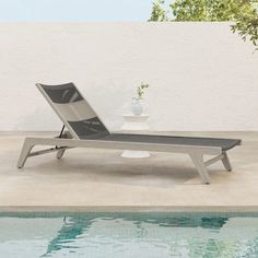 a lounge chair sitting next to a pool with a potted plant on the edge