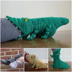 there are pictures of stuffed animals made to look like alligators