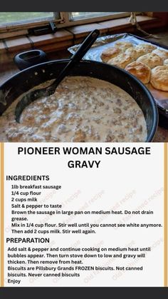 a menu for a woman's sausage gravy recipe with information on the side