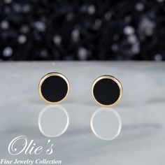 Introducing our elegant Black Circle Earrings crafted with 14K Gold and stunning Black Onyx stones. These beautiful stud earrings feature a border round circle design that adds a touch of sophistication to any outfit. Perfect for women looking for a unique accessory that is both stylish and versatile. With screw back closure for secure and comfortable wear. Elevate your jewelry collection with these must-have earrings! *Product Details* Material: 14K Gold Metal Color: Yellow Gold Earring Size: L Elegant Black Enamel Round Earrings, Luxury Black Round Earrings, Evening Jewelry In 14k Gold With Black Enamel, Evening 14k Gold Jewelry With Black Enamel, Classic Black Enamel Earrings For Anniversary, Classic Black Earrings For Formal Occasions, Luxury Black Earrings With Polished Finish, Black 14k Gold Earrings For Evening, Black Elegant Earrings For Anniversary