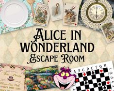 an advertisement for alice in wonderland and escape room with pictures, cards, and other items