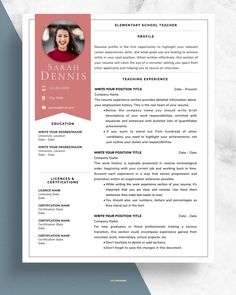 a professional resume template with a red and white color scheme on the front, in an elegant