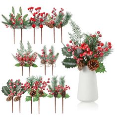 a vase filled with lots of red berries and greenery on top of each other