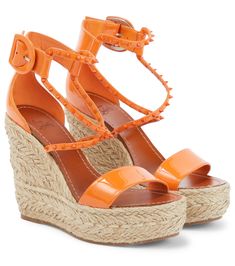 Wedge Sandals Wedding, Louboutin Wedges, Wedding Wedges, Orange Wedges, Latest Sandal, Christian Louboutin Heels, Christian Louboutin Women, Brown Leather Sandals, Embellished Sandals