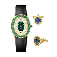 Radiating sophistication, this watch boasts an elliptical silhouette adorned with a circle of enchanting green Trapezoid Cut laboratory-grown gemstones, framed by a luxurious gold-plated stainless steel case. Paired with a black vertical-striped leather strap, its dial captures attention with two sparkling laboratory-grown diamonds amidst a captivating interplay of light on an intricate light gold texture and a mesmerizing green marble pattern. This gift set has two options. The Greenery Crown watch can be paired with an exquisite double bracelet, showing a fashionable Ins style; or an 8mm natural tiger eye stone bracelet, showing a retro and elegant style with contrasting gold and green colors; Whether you are a woman or a man, you can buy a suitable and thoughtful gift box set. Bracelet Elegant Green Watch With Polished Finish, Elegant Green Watches With Polished Finish, Luxury Green Jewelry With Round Dial, Timeless Green Jewelry For Formal Occasions, Timeless Green Formal Jewelry, Luxury Oval Jewelry With Diamond Hour Markers, Elegant Watches With Rotating Bezel As Gift, Elegant Watch With Rotating Bezel As Gift, Elegant Green Watches With Rectangular Dial