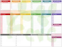 a colorful weekly planner with leaves on it