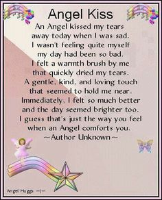 an angel kiss poem written in pink and purple with stars on the bottom, surrounded by butterflies