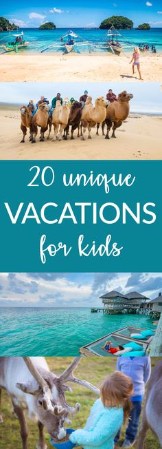 two pictures with the words 20 unique vacations for kids in front of some animals