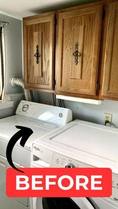 a washer and dryer in a small room with cabinets above the washer