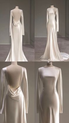 four different views of dresses on mannequins with long sleeves and open back