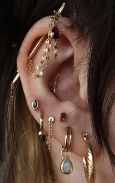 an ear with several different types of piercings on it