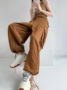 Tavimart Loose Casual Cargos Pants Wide Leg Pants Women New Drawstring Oversized Trousers Big Pocket Mid-Waist Ankle-Length Pants Baggy High-waist Brown Harem Pants, Baggy Brown High Waist Harem Pants, Baggy High Waist Brown Harem Pants, Wide Leg Harem Pants With Drawstring For Streetwear, Brown Baggy High Waist Harem Pants, Brown Baggy High-waist Harem Pants, Solid Ankle-length Drawstring Harem Pants, Solid Ankle-length Harem Pants With Drawstring, Baggy High Waist Brown Parachute Pants