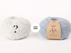 two balls of yarn with question marks on the top and bottom, one blue and white